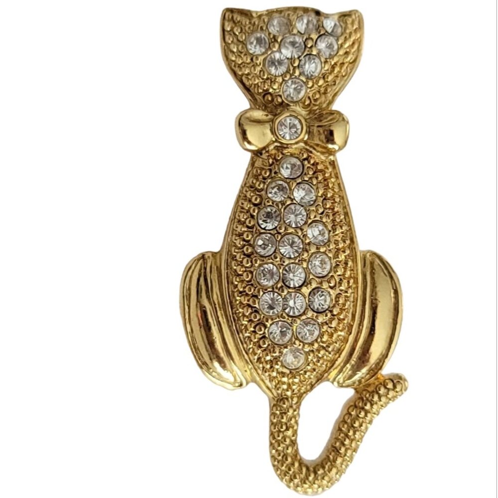1928 Brand Gold Tone Clear Rhinestone Cat Brooch Pin K17